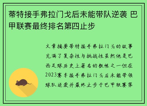 蒂特接手弗拉门戈后未能带队逆袭 巴甲联赛最终排名第四止步 蒂特接手弗拉门戈后未能带队逆袭 巴甲联赛最终排名第四止步